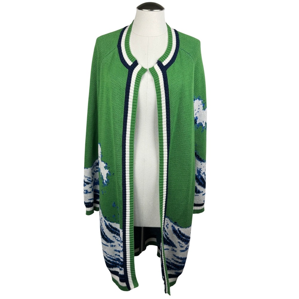 Vilagallo Green Wave Intarsia Cotton Longline Duster Cardigan Sweater Small
